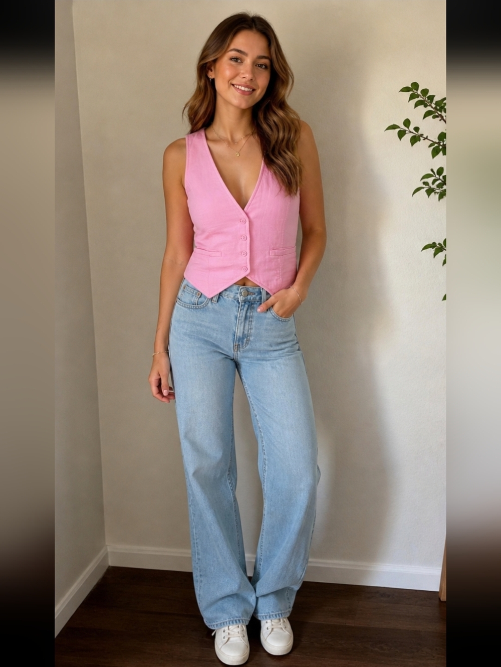 Lovers And Friends Pink Button Front Vest Top Small 100% Cotton Tailored Crop
